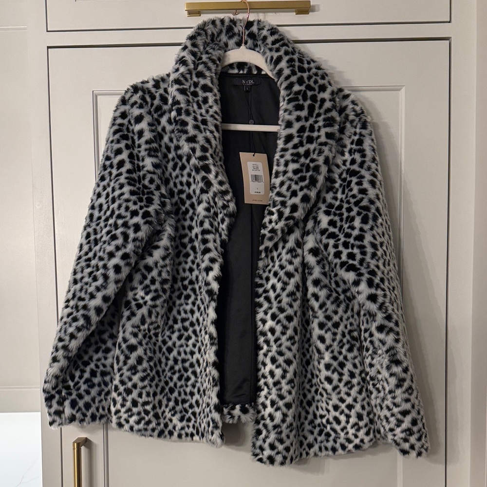 NYDJ Black and White Animal Print Faux Fur Coat